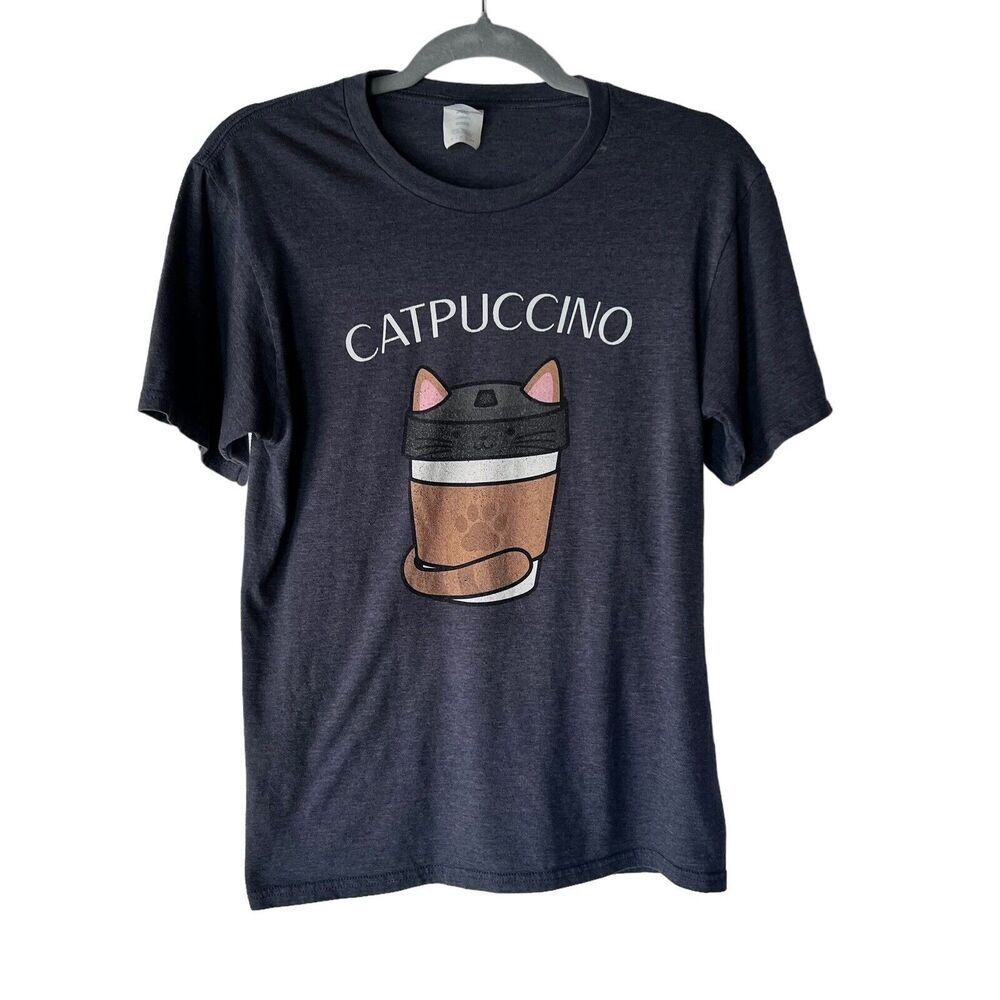 Catpuccino Short Sleeve Womens T-Shirt Size Small Blue Cat Coffee - Picture 11 of 11